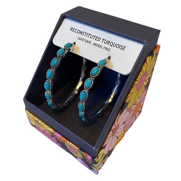 Pink Linen Very Cool Large Reconstituted Turquoise & Silver Toned Hoops. - Picture 2 of 5